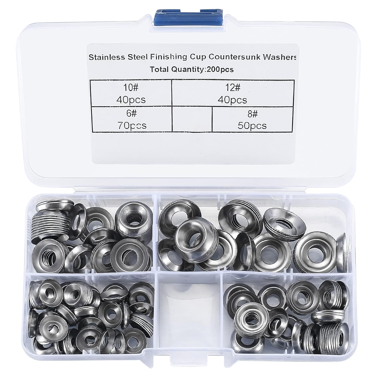 200 Pcs Finishing Cup Countersunk Washers Assortment Kit, 6 8 10 12 Stainless Steel