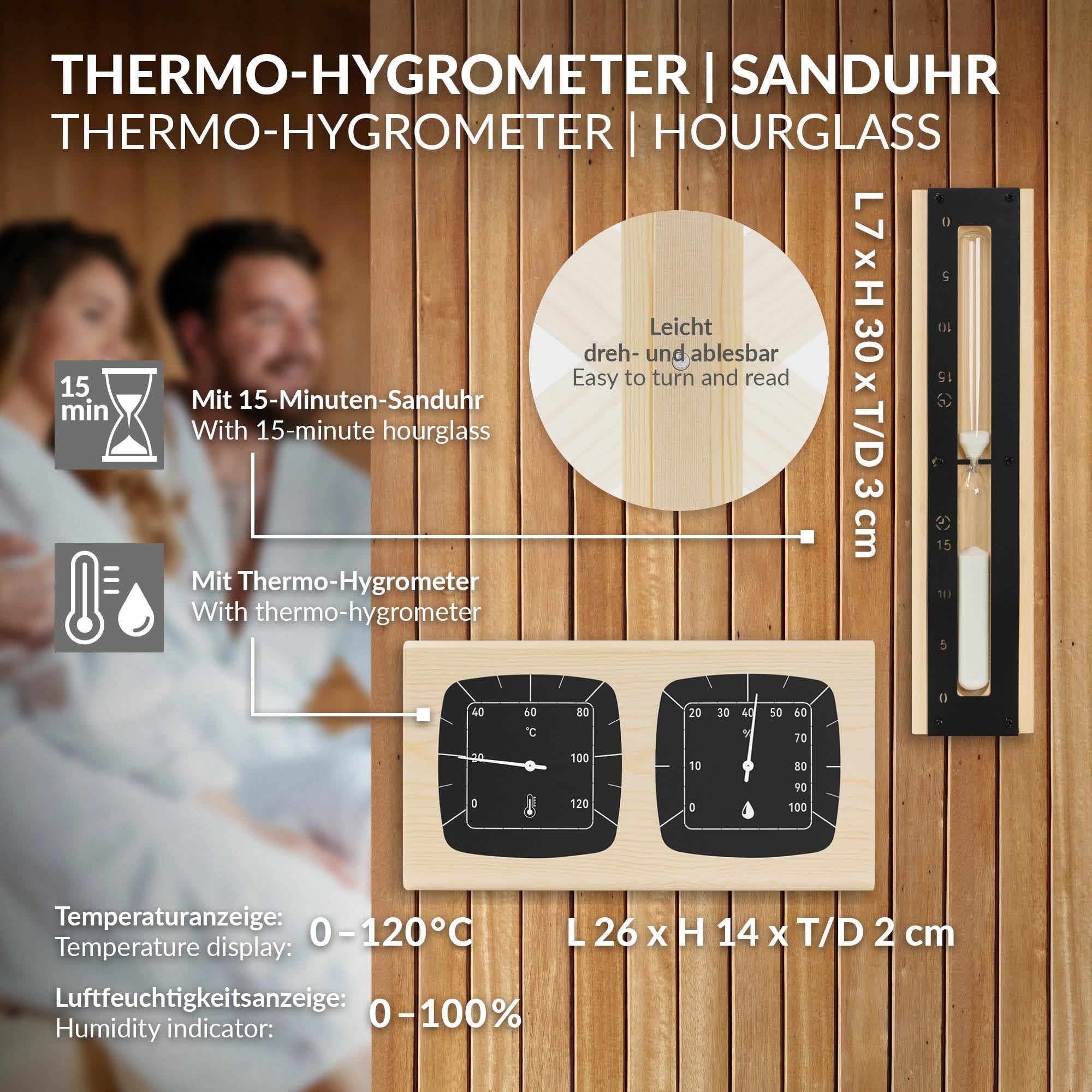 LuxeBath Saunazubehör-Set aus Aluminium & Naturholz, Schwarz, Sauna Set 4-teilig, Aufgusskübel mit Griff & Schöpfkelle, Thermometer-Hygrometer & 15min Sanduhr, Saunaeimer 6L, Langlebiges Sauna Zubehör