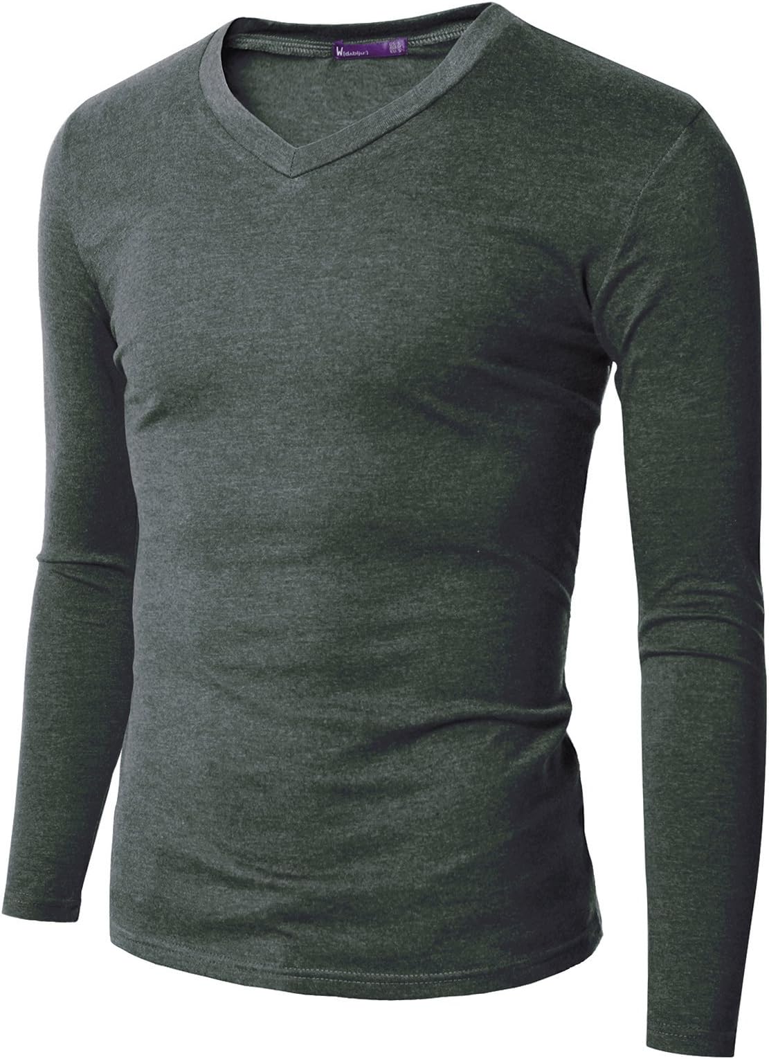Doublju Mens V-Neck T-shirts with Long Sleeve KHAKI (US-S)