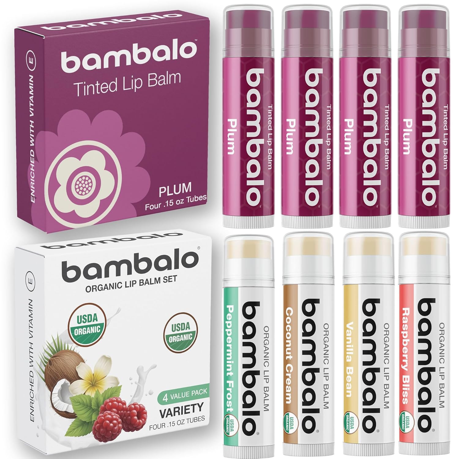 8-Pack Lip Balm Set with 4 Plum Tinted Balms & USDA Organic Flavors – Includes Plum, Peppermint, Raspberry, Vanilla, and Coconut – Moisturizing & Nourishing Lip Care