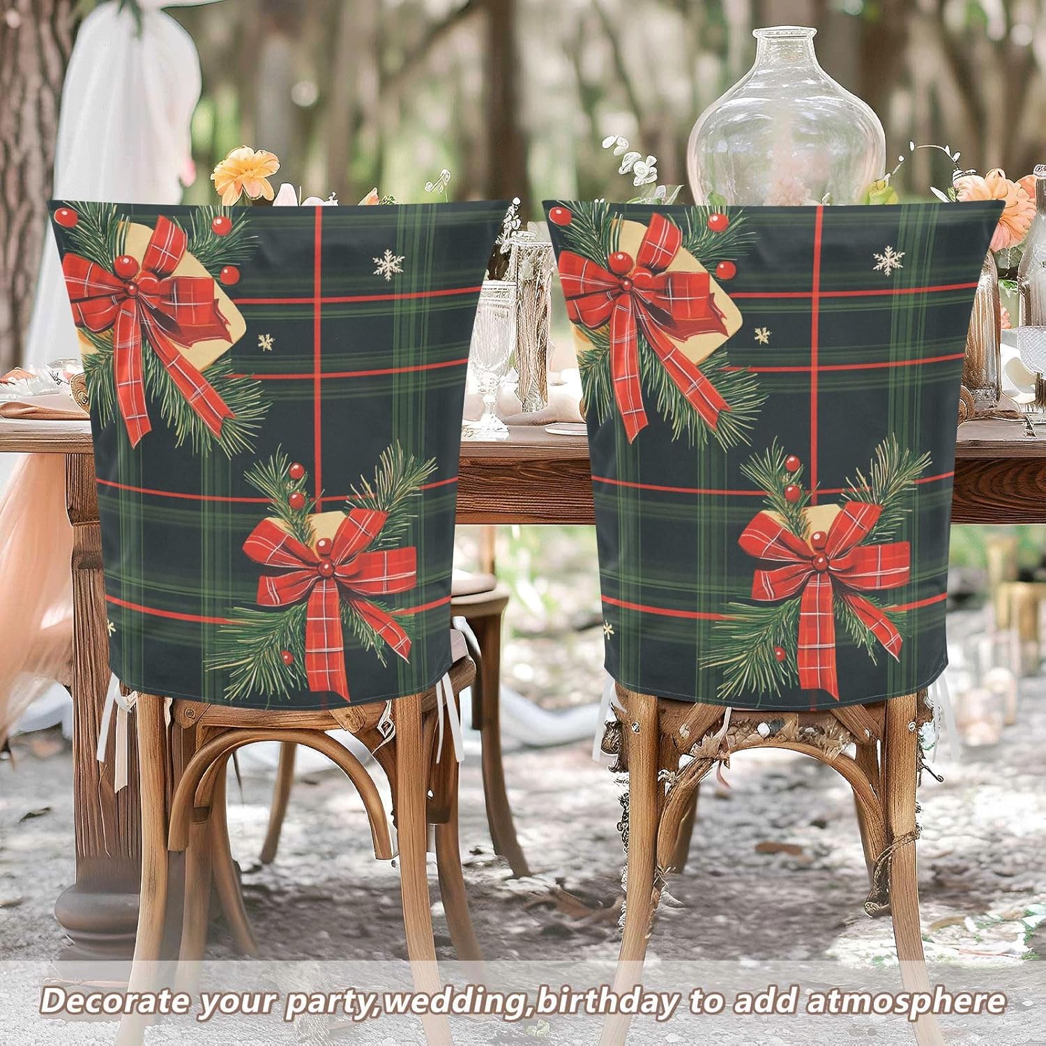 ALAZA Christmas Plants Bow Plaids Chair Back Cover Set of 6, Washable Reusable Removable Chair Slipcovers Decorative Chair Cover for Home Kitchen Wedding Party