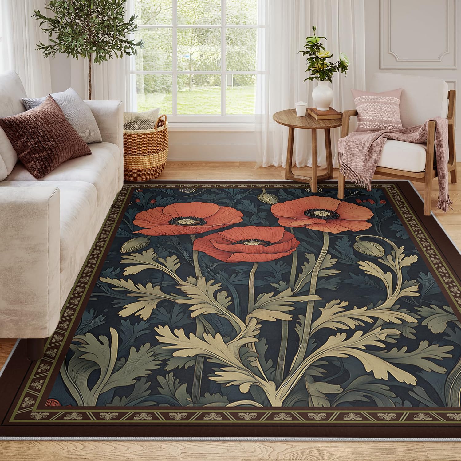 Zmywalny dywan 120 x 150 dywaniki do sypialni antypoślizgowe rośliny retro kuchnia ultra miękki nadruk czerwone kwiaty odporne na plamy niskie włosie wejście salon pralnia w