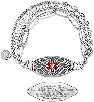 Vista 7 de Pulseras de alerta médica elegantes personalizadas para mujer con grabado gratis, pulsera de identificación de emergencia personalizada para Rojo