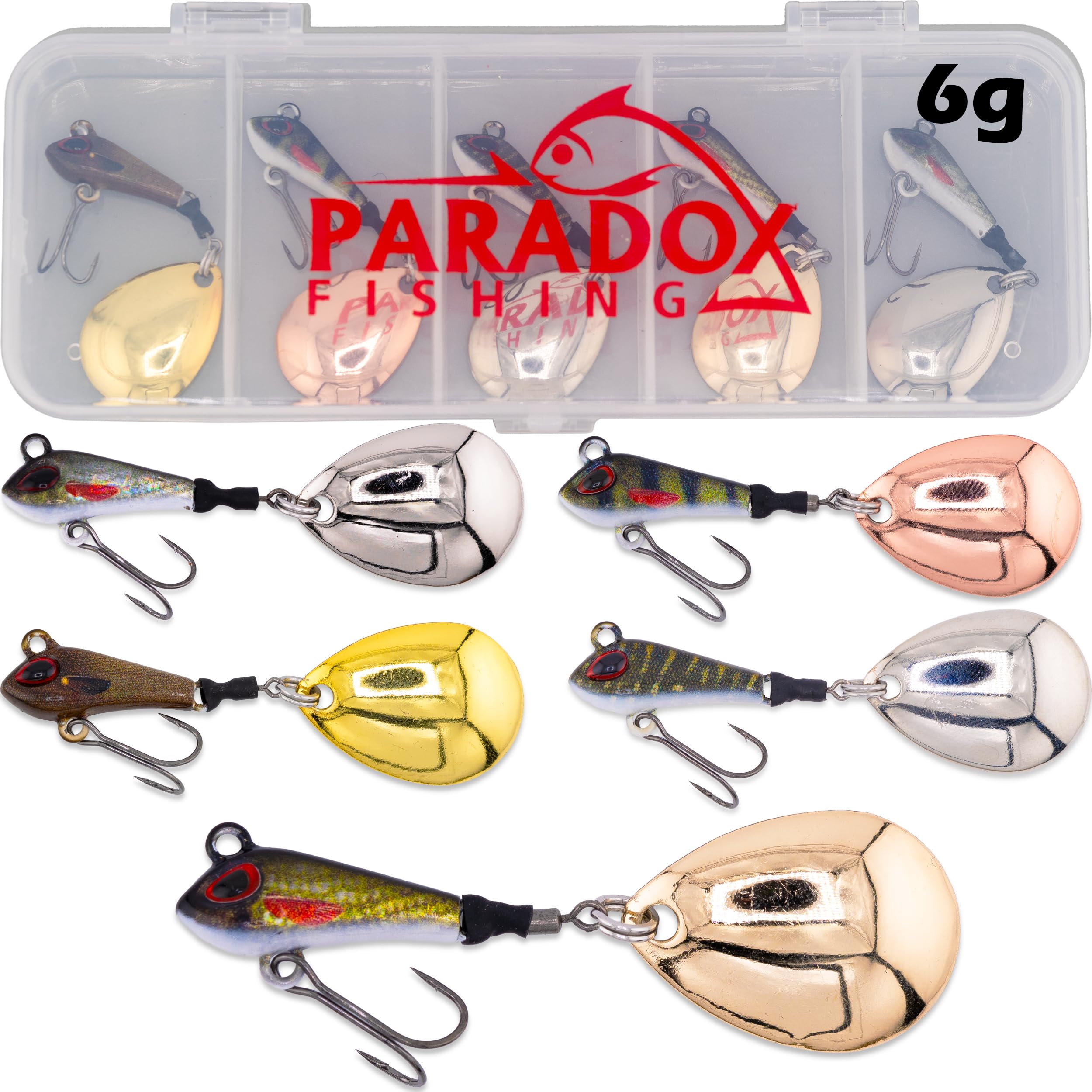 Paradox Fishing Jig Spinner zestaw 5 sztuk 6 g/10 g/15 g/20 g/25 g Delusory Spin Jig do łowienia okonia, przynęty na okonie, sandacze, szczupaki, spinningowe przynęty – optymalna przynęta na okonie