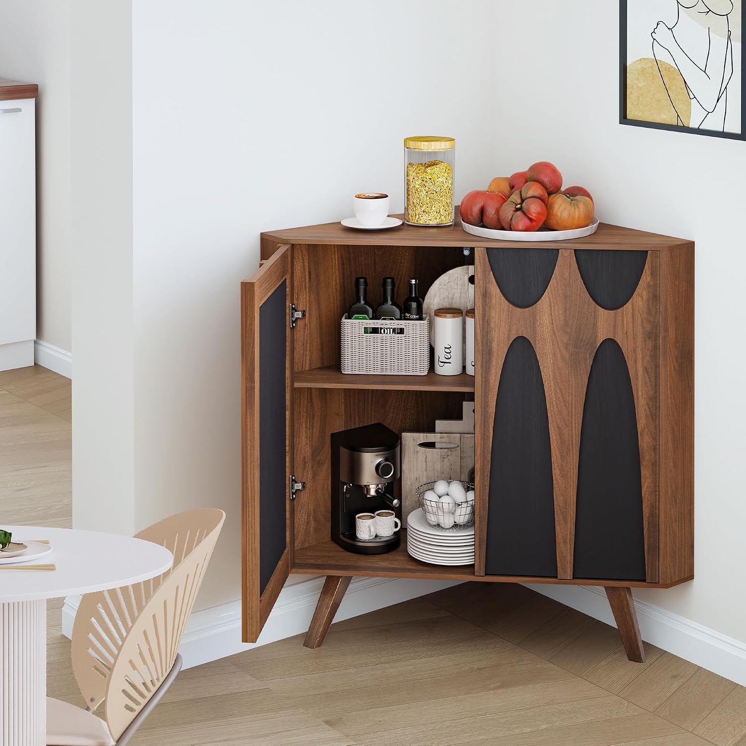 Bifins Small Corner Cabinet,Corner Floor Cabinet with Adjustable Doors and Shelve, Freestanding Narrow Storage Organizer for Kitchen Living Room Bathroom (Walnut and Black)