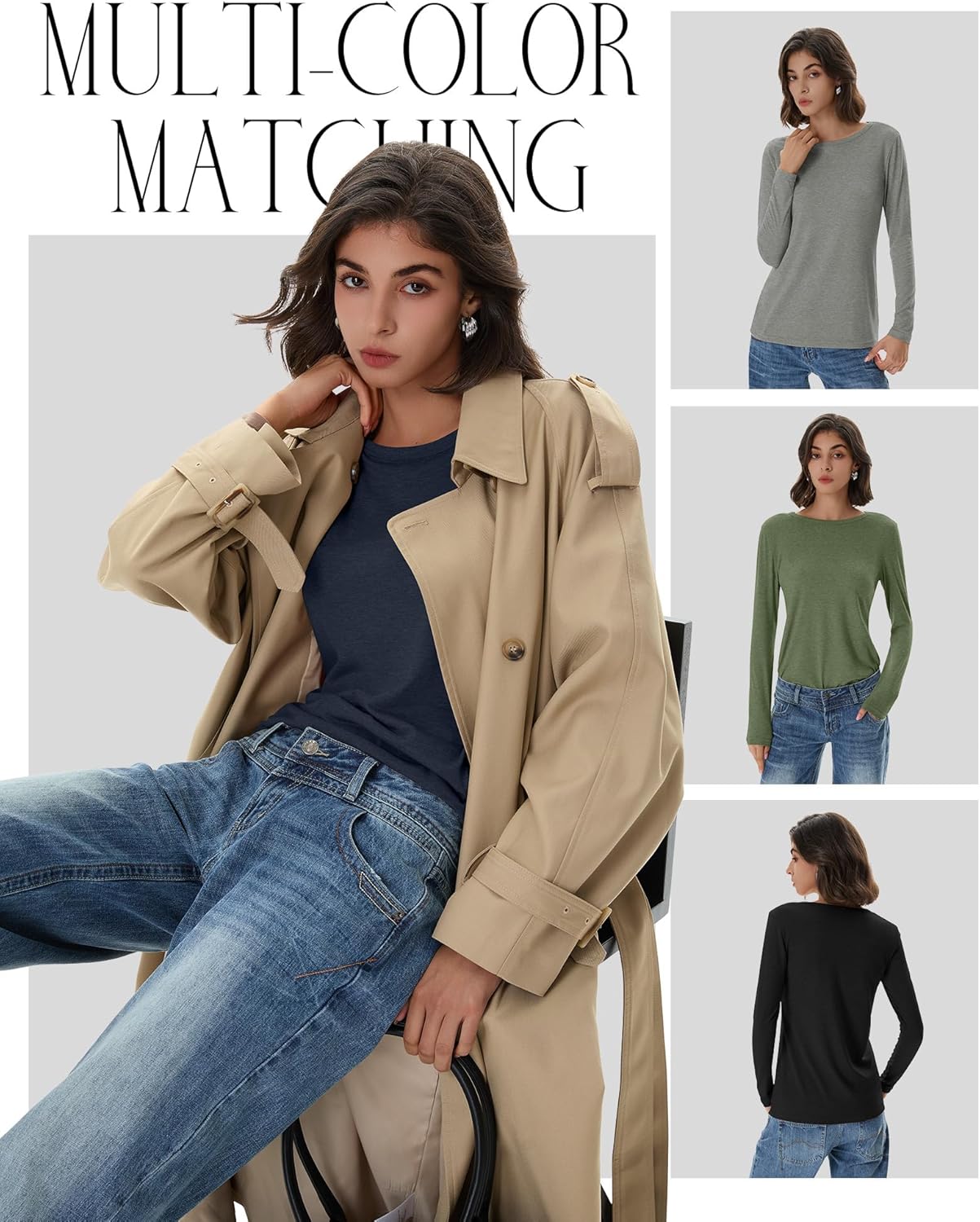 Huukeay 5 Pack Women's Crew Neck Long Sleeve Shirts, Cotton Blend Casual Clothes Workout Basic Layering Tee Tops Multipack - Image 4