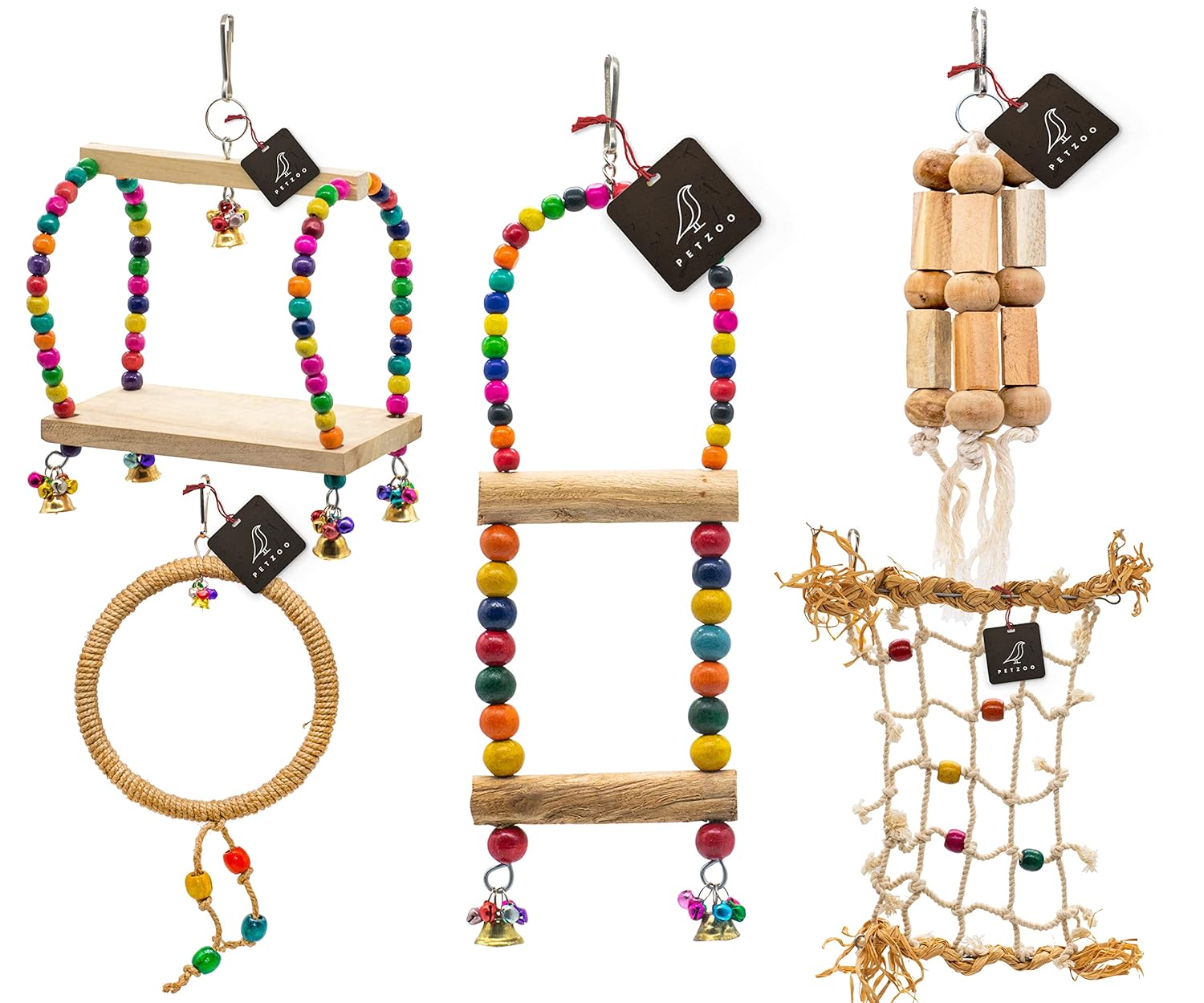 PETZOO Bundle of 5 Birds Toys Climbing Net, Paper Shredded Foraging Chew, Swing, Ring Perch & Hanging