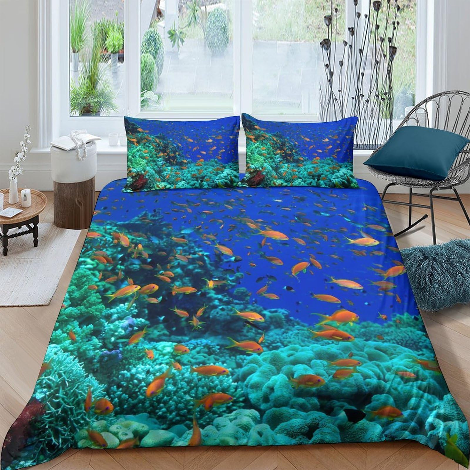 TUFRTGYHN 3D Printed Ocean Coral Duvet Cover Microfiber Blue Reef Bedding Set with 2 Pillowcases for Bedroom Decor Single（135x200cm）