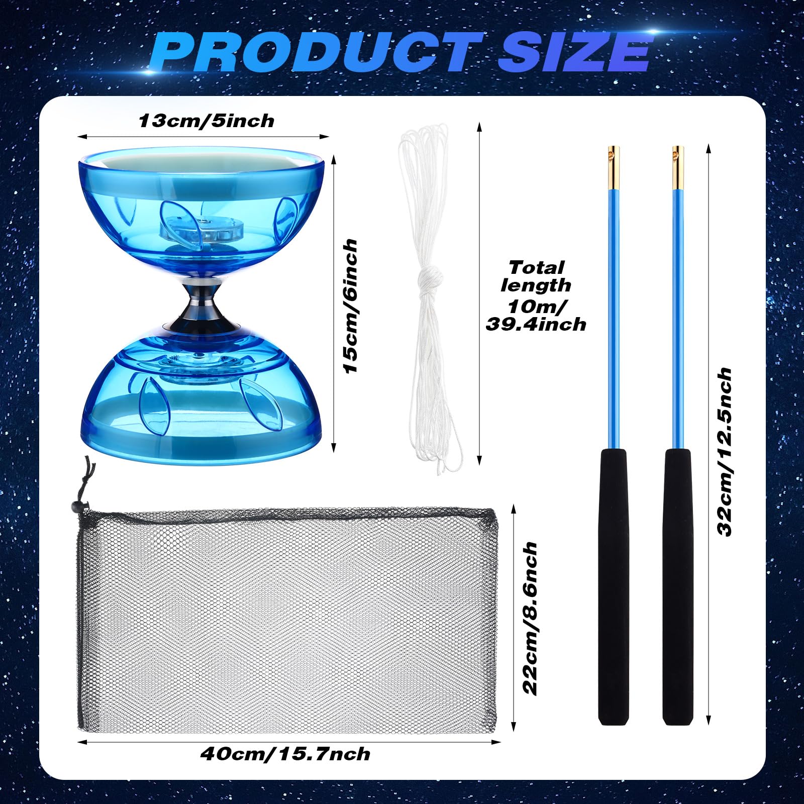 Csafyrt Diabolo Chinois Yoyo Triple Roulement Bleu – Set Portable Avec Bâtons, Ficelle Et Sac Filet