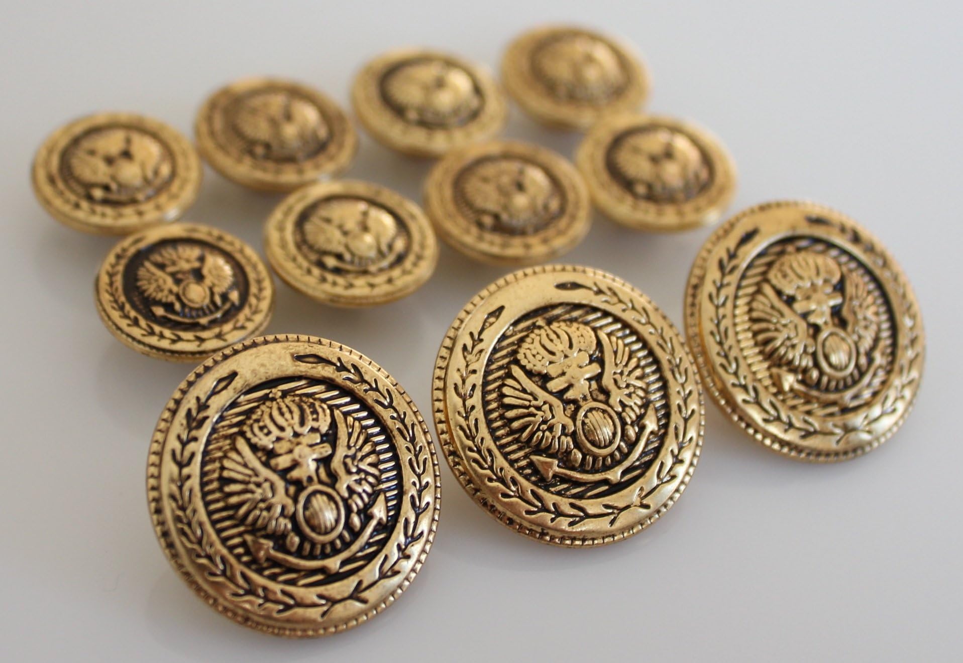 11 Pieces Set of Shank Style Fashion Buttons for Single Breasted Blazers, Sport Coats, Jackets & UniformsTIQUE Gold Finished ~Crowned Eagle Crest~ Metal B