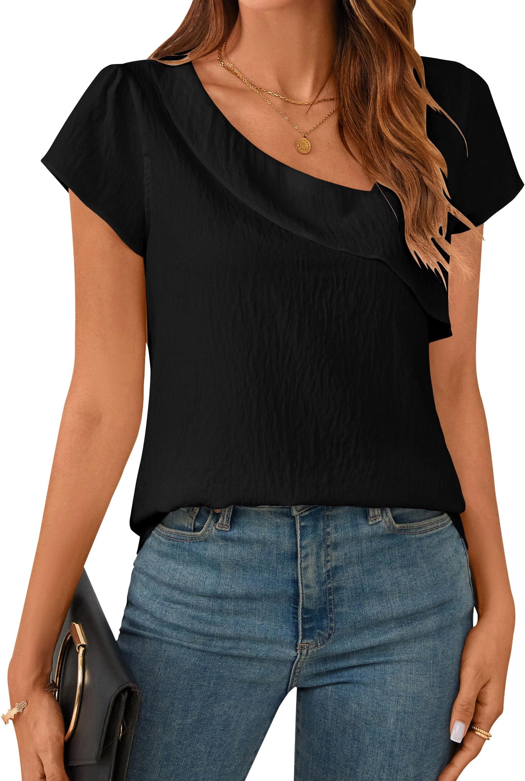 BMJLWomens Dressy Casual Blouses Asymmetrical V Neck Business Work Tops Ruffle Sleeve Summer Shirts