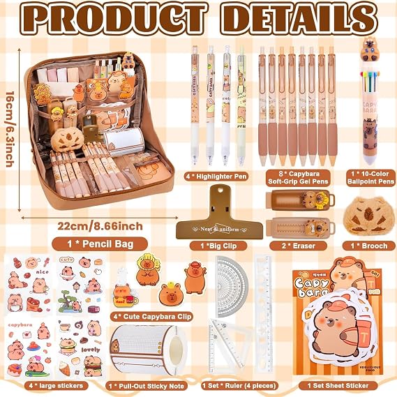 Capybara Pencil Case, Capybara Stationery Set, Cute Capybaras Gifts Set Include Capybaras Pencil Case/Capybara Pens/Stickers and MoreNotes, for Boys Girls Students Gifts