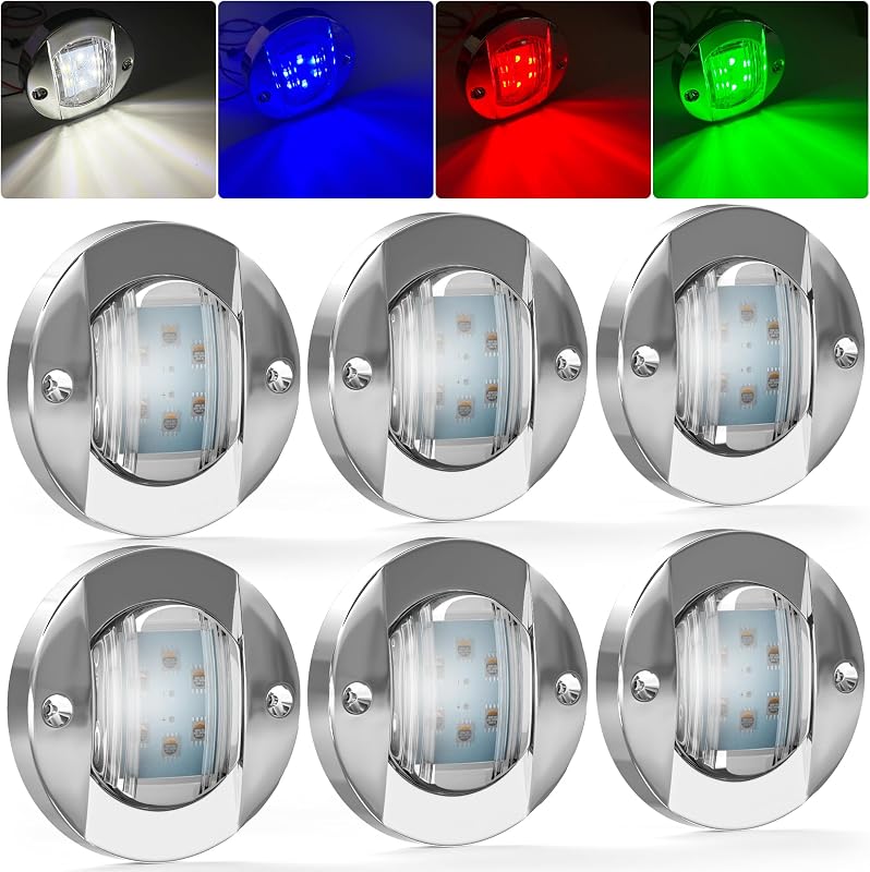 6Pcs 6LED RGBW Boat Courtesy Lights, 4-color 3'' Round Waterproof Marine Interior Deck Transom Stern Navigation Lights for Pontoon Fishing Boat Bass Sailboat Kayak Yacht