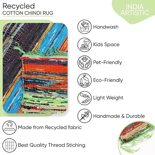 Miniatura 4 de India Artistic Alfombra reversible Chindi multicolor Alfombra de algodón tejida a mano, 4 x 6 pies, reciclada para sala de estar y cocina