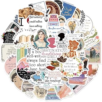 Pack of 50 British Novelist Sticker Pack Jane Austen Sticker Set Waterproof Vinyl Sticker for Laptop Children Cars Motorcycle Bicycle Skateboard Luggage Suitcase Computer Sticker Graffiti Decal