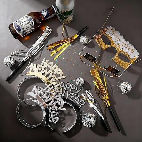 Miniatura 4 de 144 piezas de suministros para fiesta de Año Nuevo 2026, incluyen diadema de feliz año nuevo, gafas largas y cortas con flecos, para regalos de