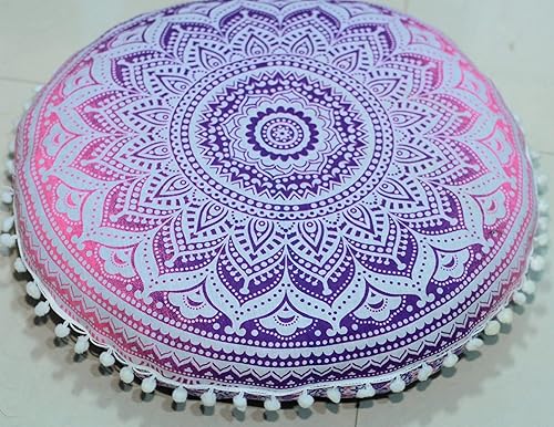 Miniatura 3 de Funda de almohada redonda con diseño de mandala, para asiento, otomano, con pompones, hippie, decorativo, bohemio, indio, de 22 pulgadas (rosa y