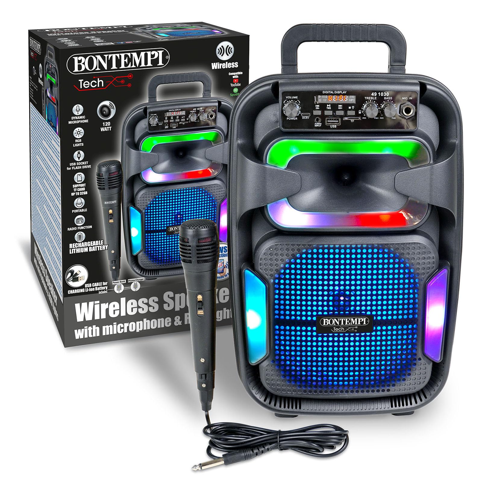 Bontempi | SonicSync - Amplificatore Wireless Karaoke con Microfono Dinamico, Effetti Luminosi, Regolatore Alti e Bassi, Funzione TWS, 38,2x24,9x21,9 cm