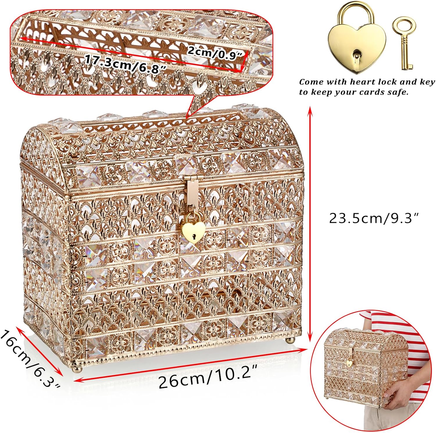 ELLDOO Crystal Wedding Card Box with Heart Lock, Vintage Money Card Box Treasure Chest Style Gold Gift for Wedding Receptions, Centerpiece Decor, Anniversary Keepsake, Gift, Small Size image 5