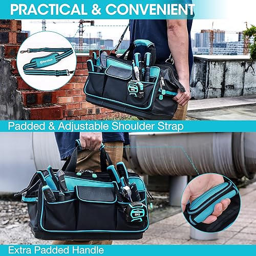 Miniatura 6 de DURATECH Bolsa de herramientas de boca ancha de 17 pulgadas, organizador grande de 32 bolsillos con base moldeada a prueba de agua, correa