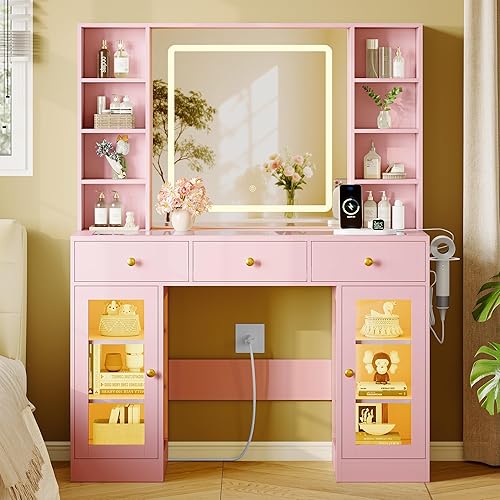 Miniatura 8 de Escritorio de tocador de maquillaje con espejo iluminado HD y toma de corriente, juego de mesa de tocador con parte superior de vidrio con cajones