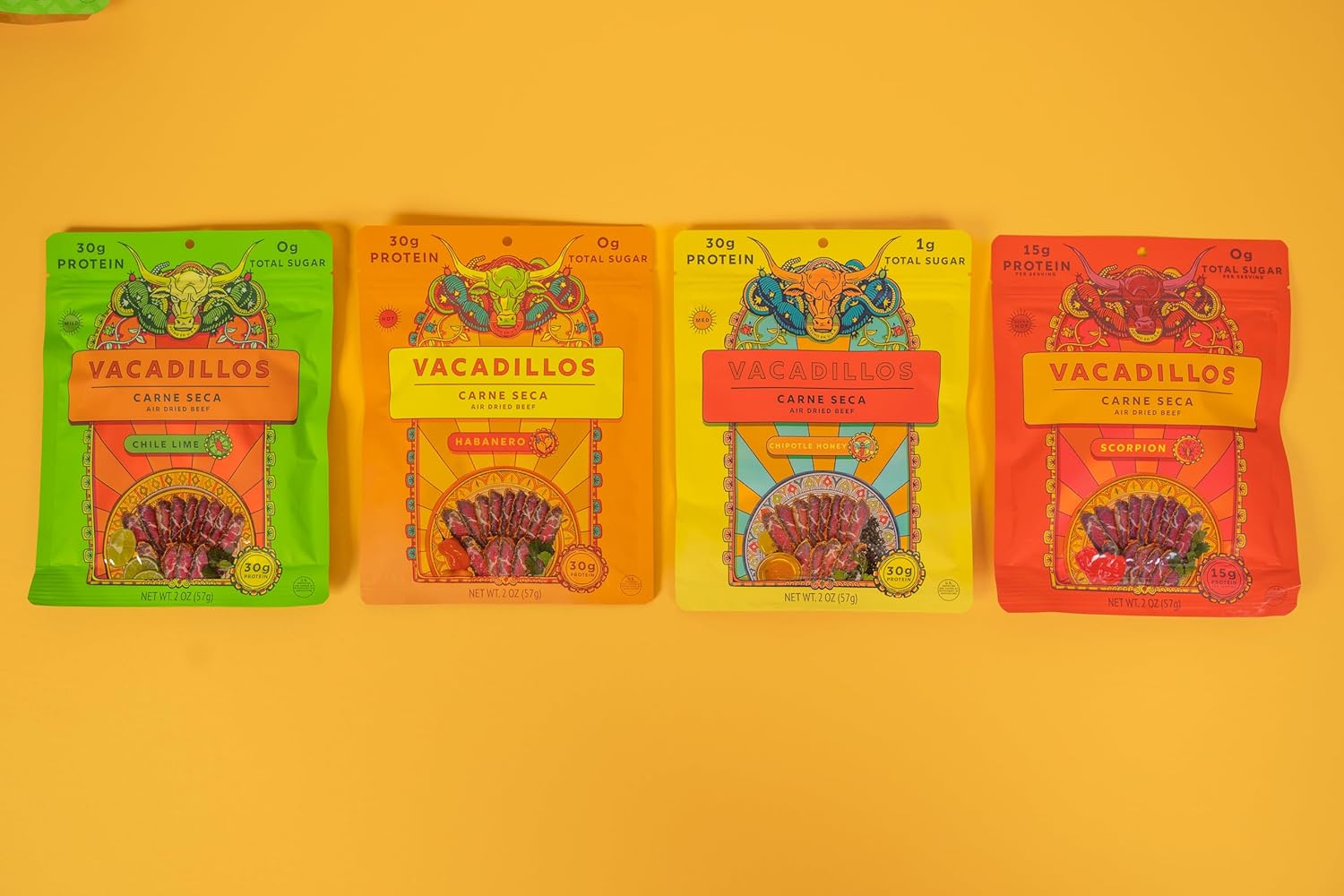 Vacadillos - High Protein Carne Seca | 30g Protein, Sugar Free, Carbs Free, Gluten Free, Dairy Free, Keto & Paleo Friendly | Mexican Inspired Beef Jerky Snack | Habanero, Pack Of 4