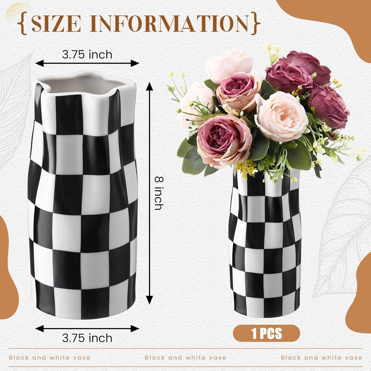 Black and White Checkered Vase Small 8 Inch Height Modern Checkered Decor Ceramic Black and White Flower Shaped Decorative Vase for Office, Bedroom, Home Decor