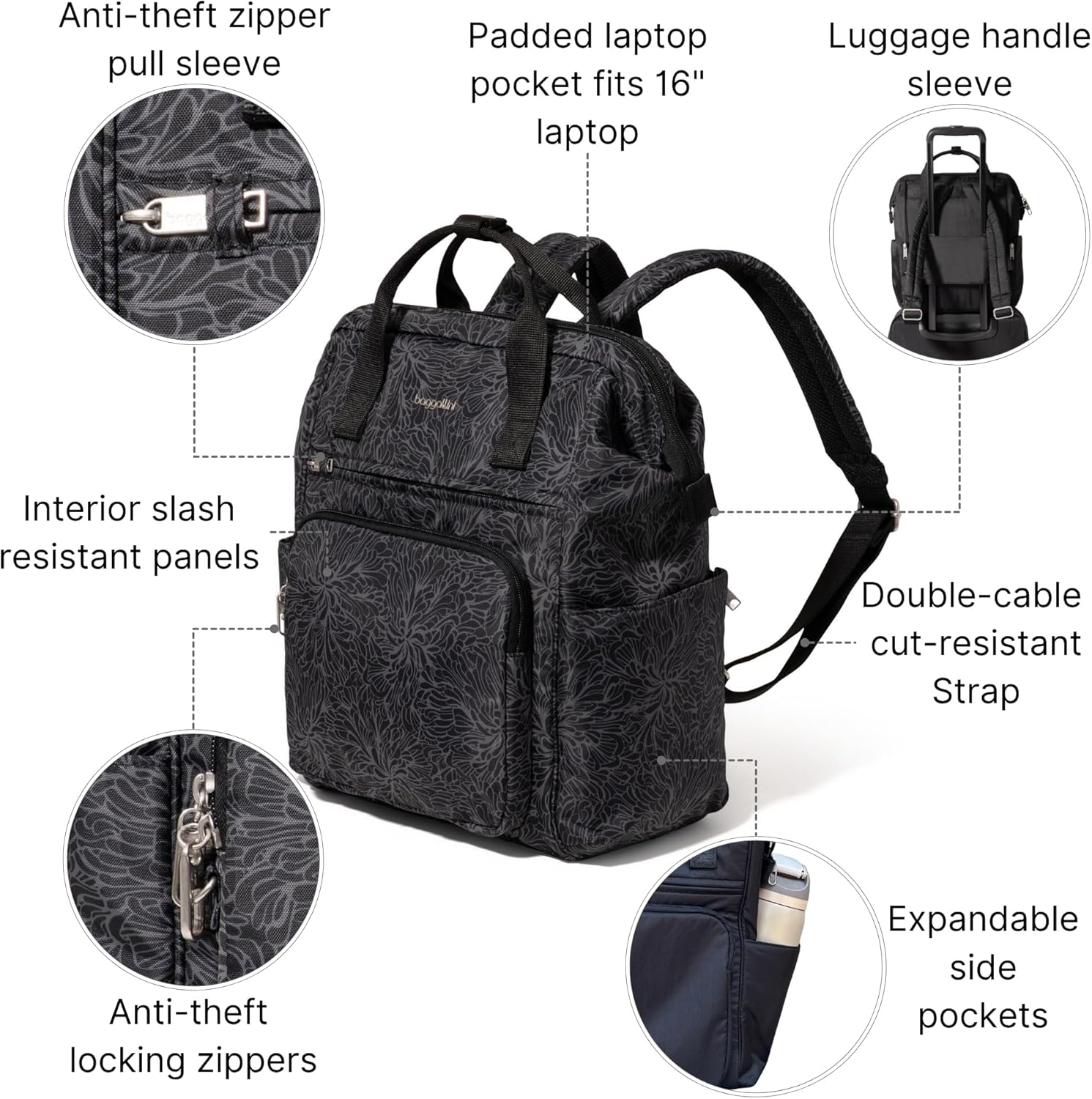 Baggallini Securtex Anti-Theft Windsor Backpack for Travel, Work & College, RFID & Locking Zipper, Up to 16" Laptop