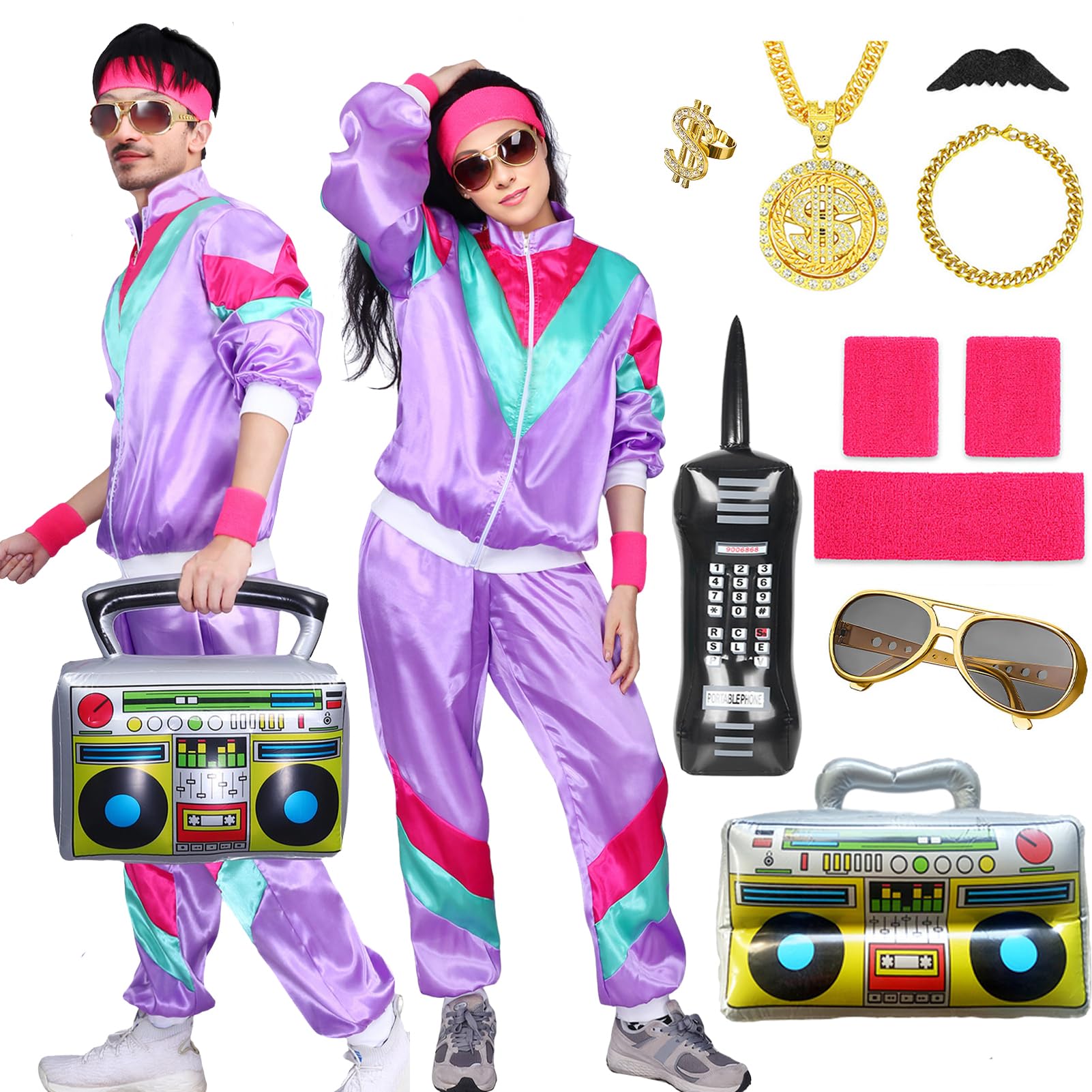 Amycute 80s Shell Suit Costume Men Women Retro Tracksuit 1980s Fancy ...