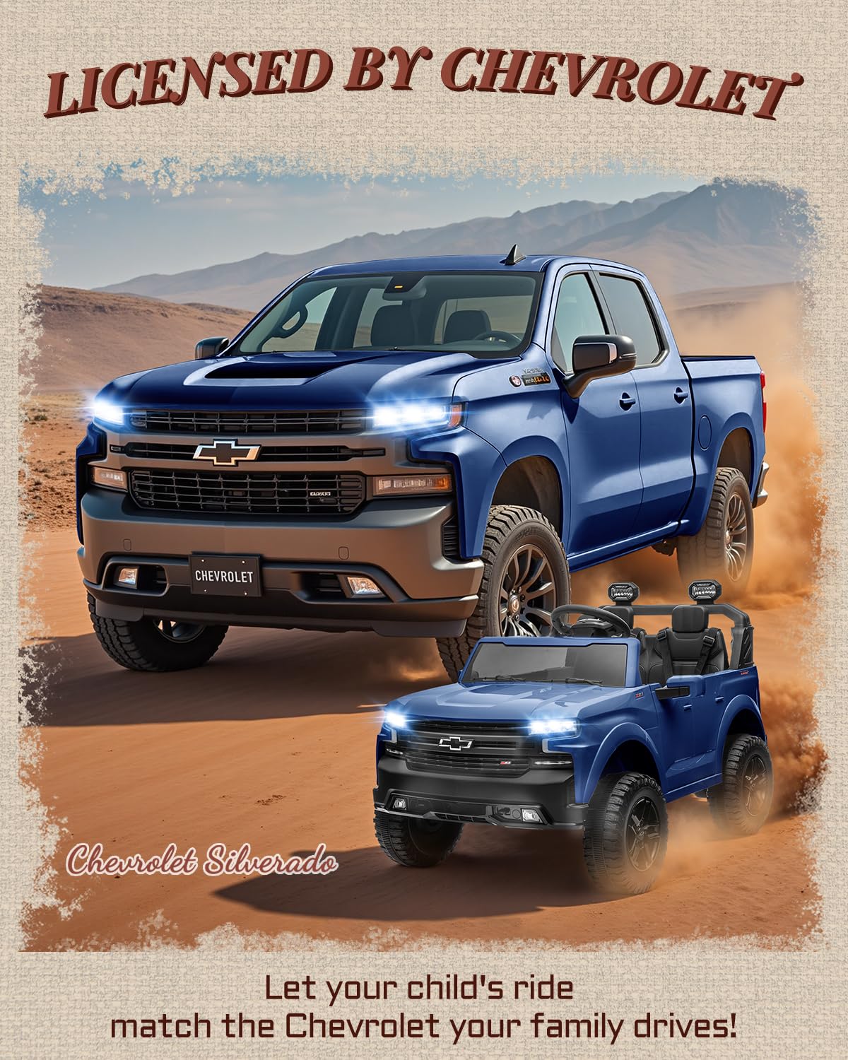 24V 2 Seater Ride on Toys Licensed Chevrolet Silverado, Electric Vehicle with Remote Control and Seat Belts, Electric Ride On Truck wtih Trunk, Bluetooth and LED Lights (Blue)