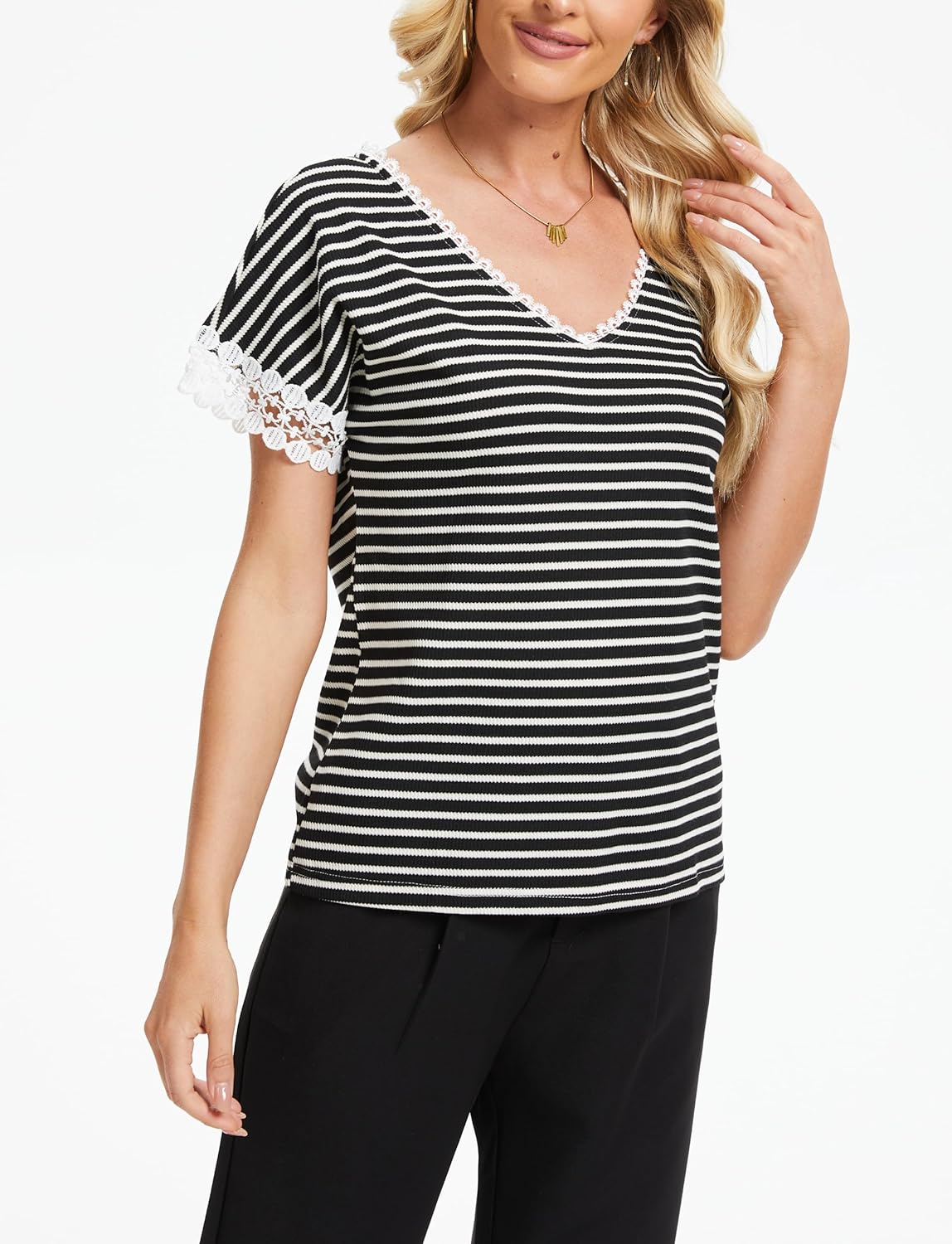 Dressy Tops for Women Lace Knit Striped T Shirt Short Sleeve V Neck Shirts Business Casual Work Tops Summer Trendy - Image 3