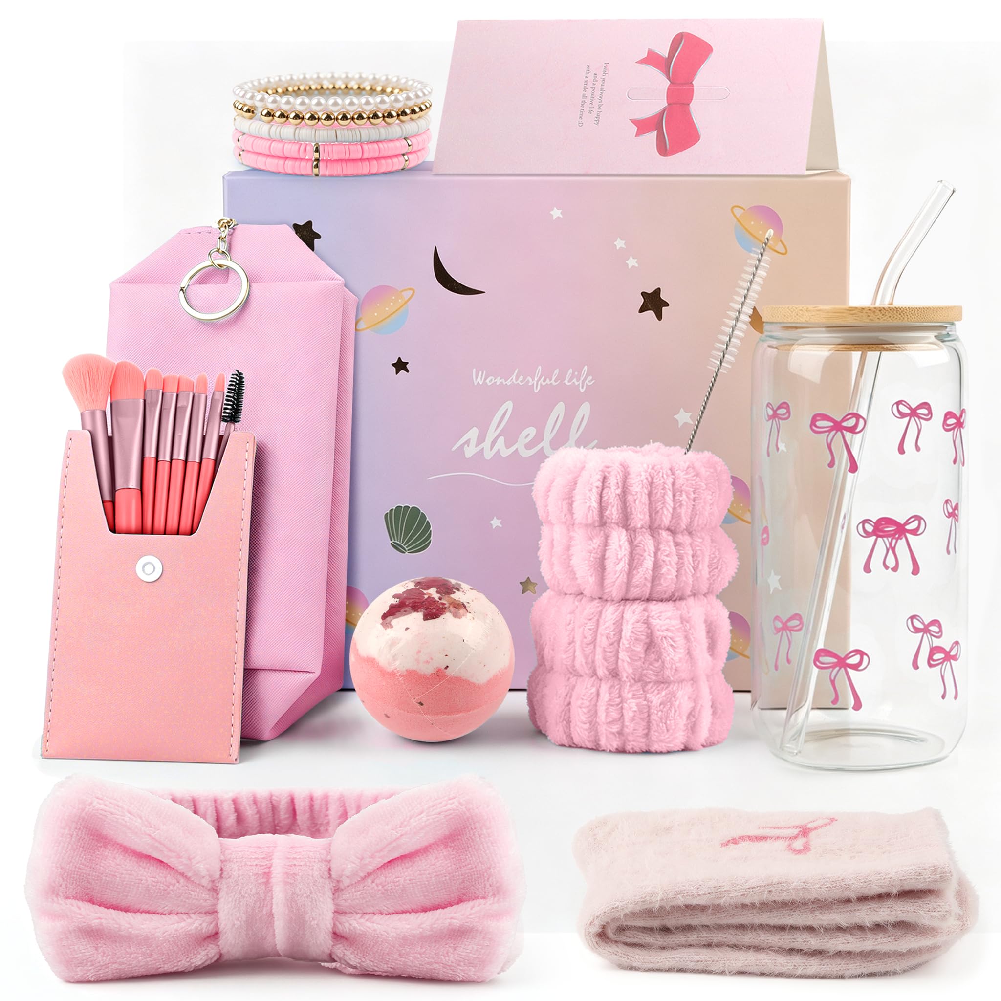 TORVEX Gifts for Teenage Girls Women Her, Birthday Gifts for Girls Age 9-14, Glass Cup with Lid and Straw, Makeup Brushes, Cosmetic Bag, Bracelets, Hairband, Socks, Gift Box Set, Pink