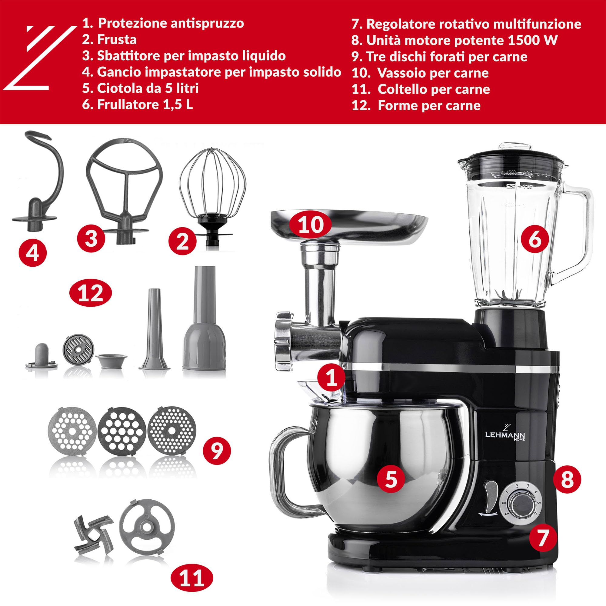 Lehmann Robot da Cucina Universale 3 in 1 Set | Mescolatore con Sistema di Agitazione Planetaria | Robot Multifunzione con Tritacarne | Con Spremiagrumi da 1,5 L e Ciotola in Acciaio Inox da 5 L