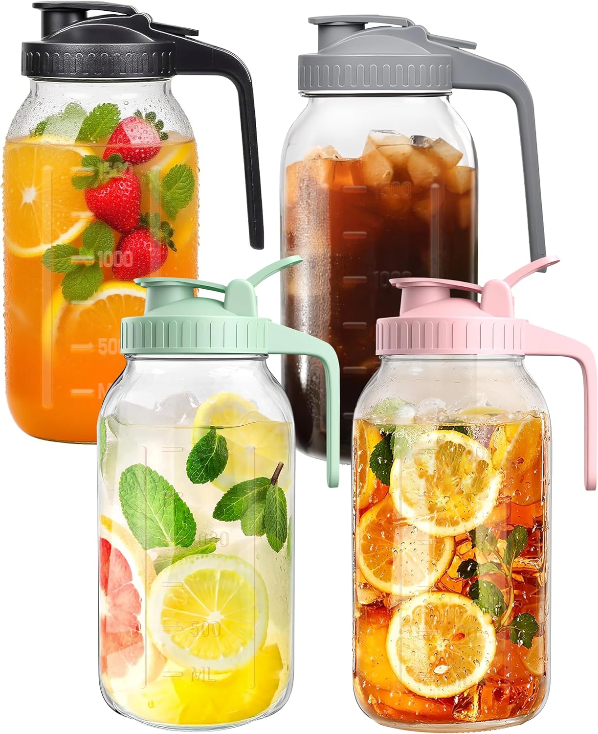 64oz Large Glass Pitcher with Lid & Spout,2 Quart Breastmilk Pitcher Upgraded Leak Proof, for Sun Tea, Iced Juice, Cold Brew Coffee, Breastmilk Storage Container-4PACK(Black+Gray+Pink+Green)