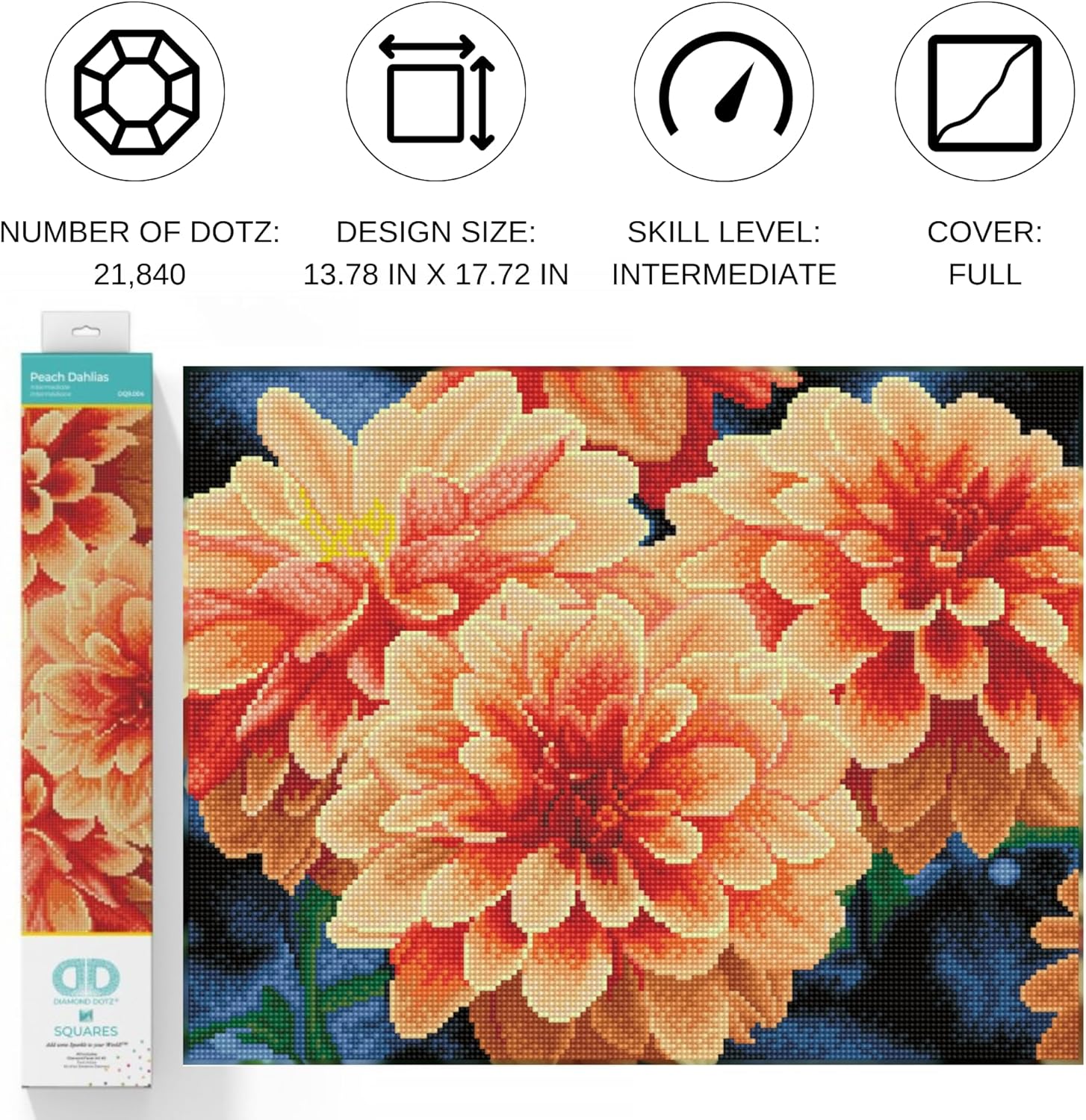DIAMOND DOTZ Peach Dahlias Art Kit, Full Drill Diamond Painting for Adults, Intermediate Level, 13.8"x17.7"