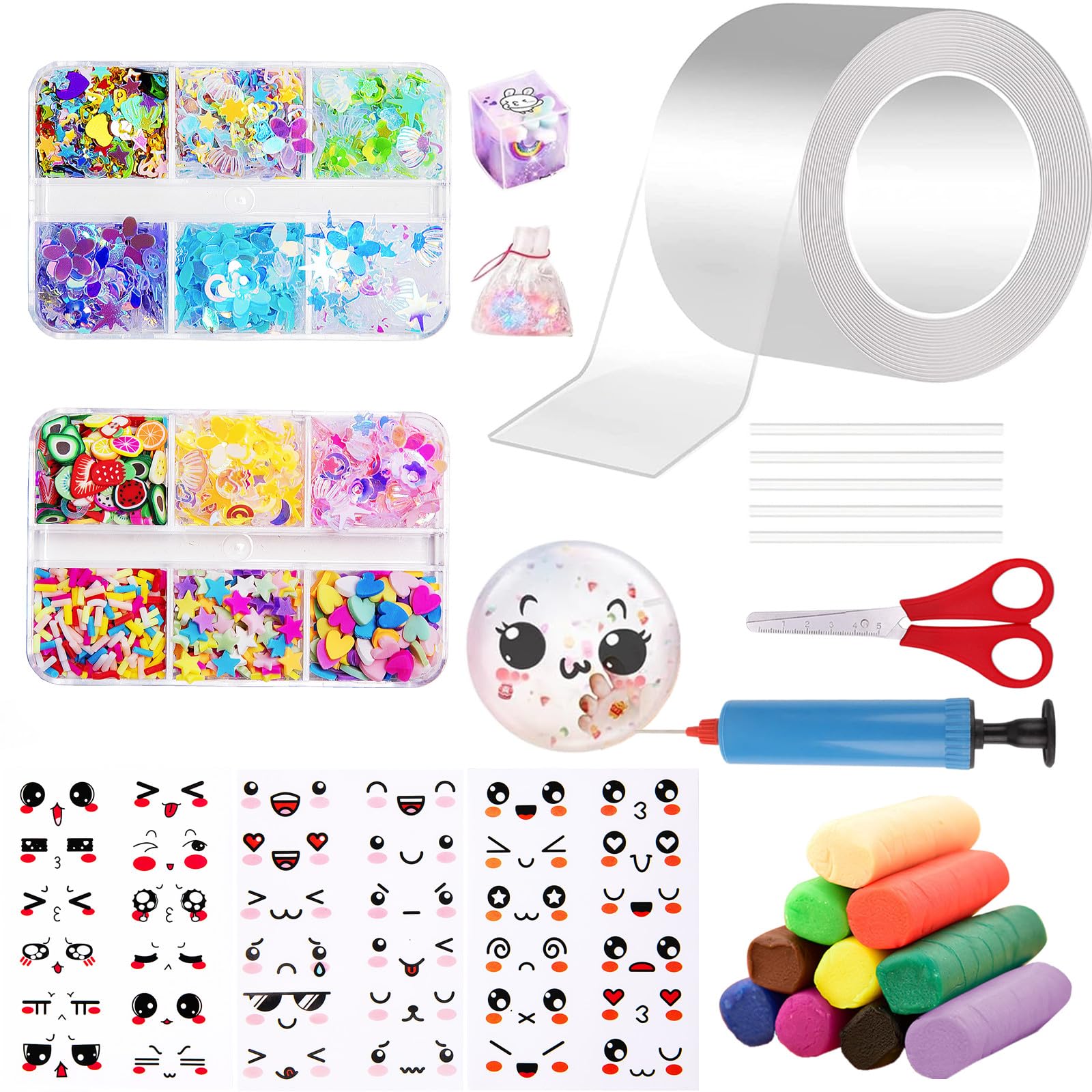 AooeDomi Nano Tape Bubble kit for Kids, Nano Double Sided Adhesive Tape Bubbles, Nano Tape Kit with Glitter, Clay and Decoratives Emoticon Stickers, DIY Party Activities Toys