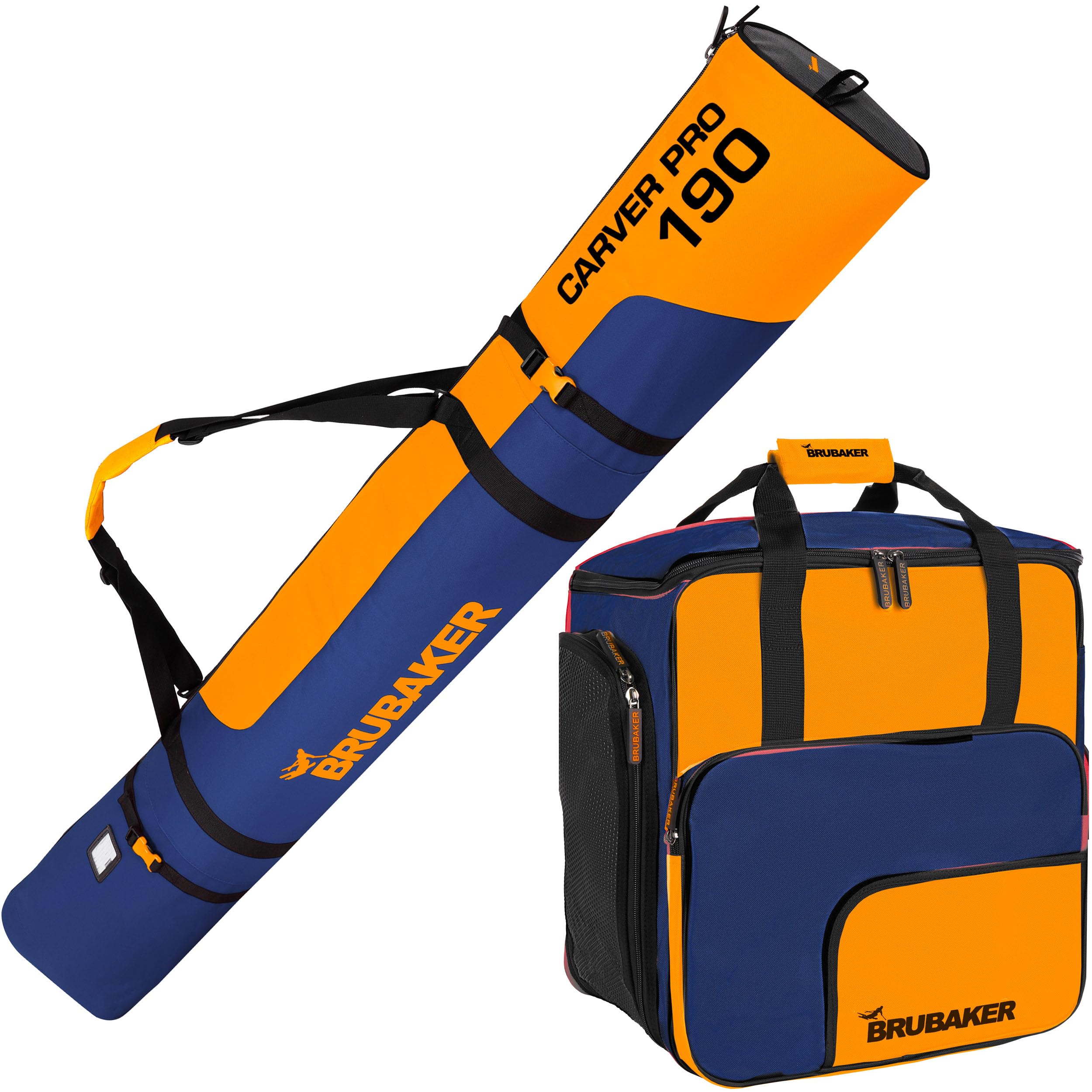 BRUBAKER Carver Pro Ensemble combiné de sacs à chaussures de ski et sac à dos pour 1 paire de bâtons, chaussures et casque - Rembourré, indéchirable et robuste - Pour skieurs - Bleu et orange