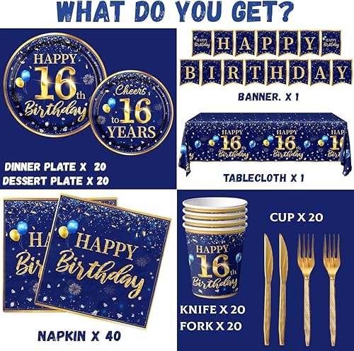 Miniatura 6 de Decoración de cumpleaños número 16 para hombre, juego de vajilla de cumpleaños azul marino y dorado (reserva para 20) incluye platos de feliz