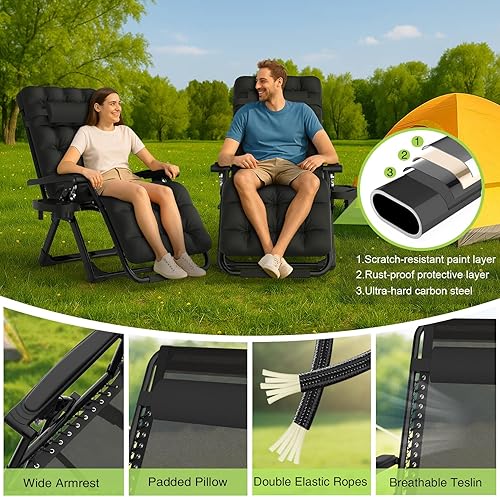 Miniatura 80 de Suteck Zero Gravity - Silla reclinable de camping con cojín extraíble, bloqueo mejorado y soporte para tazas, sillas reclinables de patio Negro
