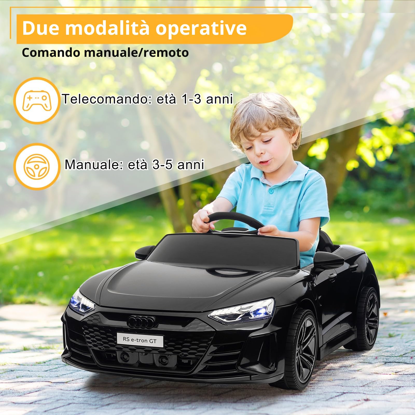 LEADZM Mcchina Elettrica Per Bambini AUDI RS E-tron 12V con Doppi Motori, 3-5km/h Auto Elettrica per Bambini 3-5 Anni, MP3, Sospensioni, Telecomando (Nero)