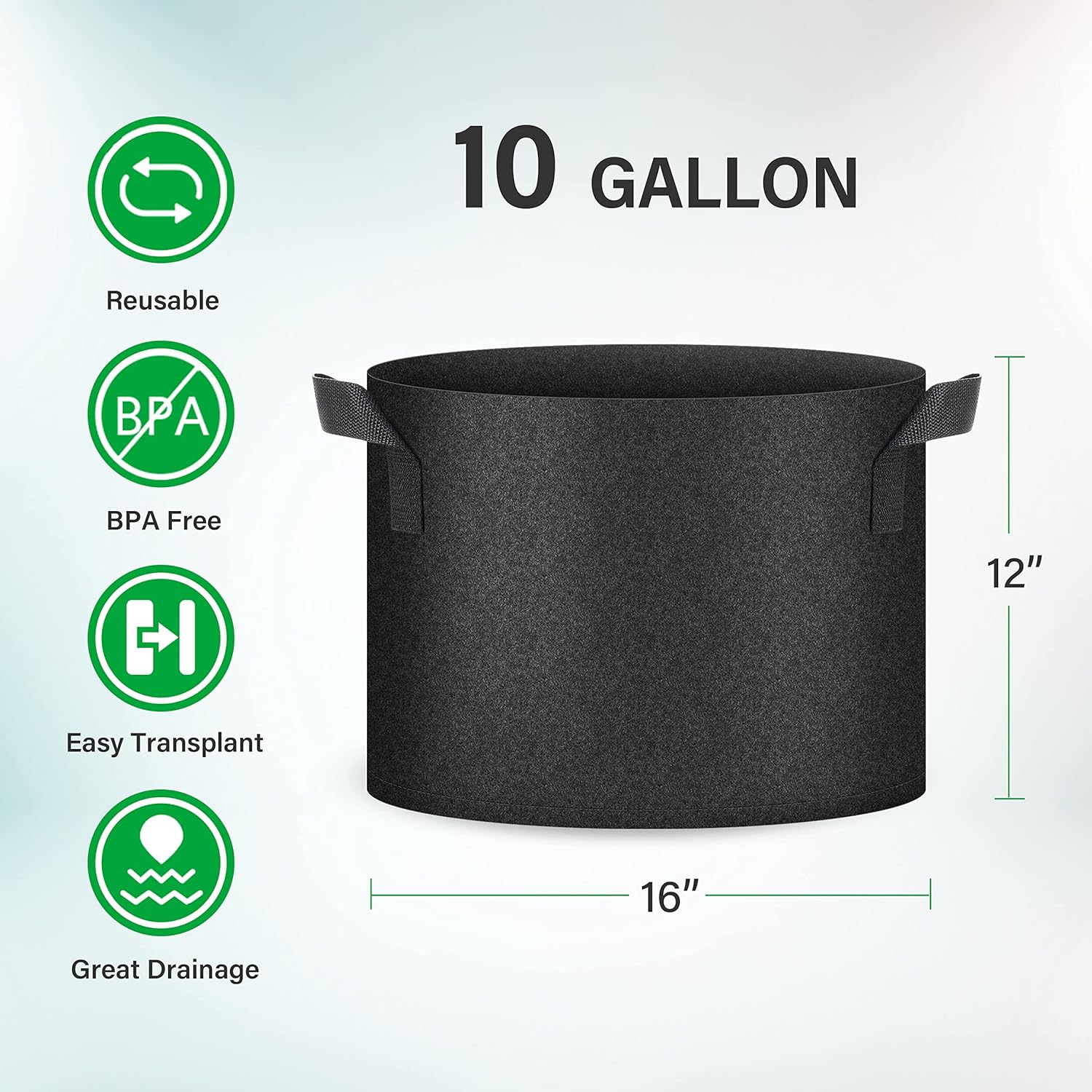 YSSOA 10-Pack 10 Gallon Grow Bags, Tomoato Plant Pots with Handles, Aeration Nonwoven Fabric, Heavy Duty Gardening Planter for Vegetable, Fruits and Flowers, Black