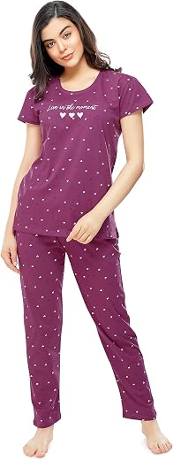 ZEYO Women's Cotton Star & Dot Printed Night Suit Set of Top & Pajama Set 5300 (Available in Plus Size)