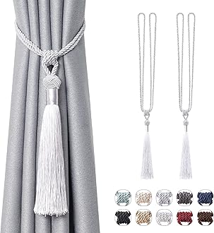 Pretty Jolly 2 Pack Long Tassel Curtain Tiebacks Handmade Braided Rope Knot Drape Tie Backs European Style Decorative Curtain Holdbacks for Home & Office Window Drapery (Silver Grey)