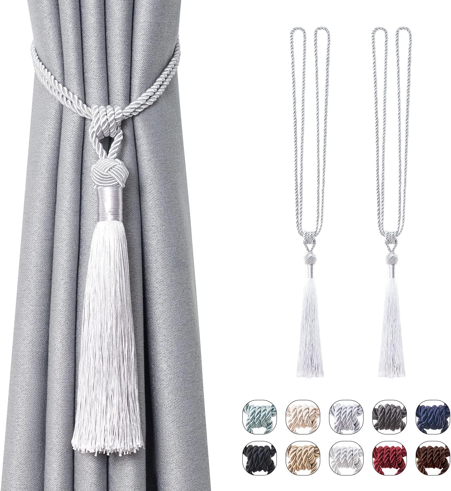 Pretty Jolly 2 Pack Long Tassel Curtain Tiebacks Handmade Braided Rope Knot Drape Tie Backs European Style Decorative Curtain Holdbacks for Home & Office Window Drapery (Silver Grey)