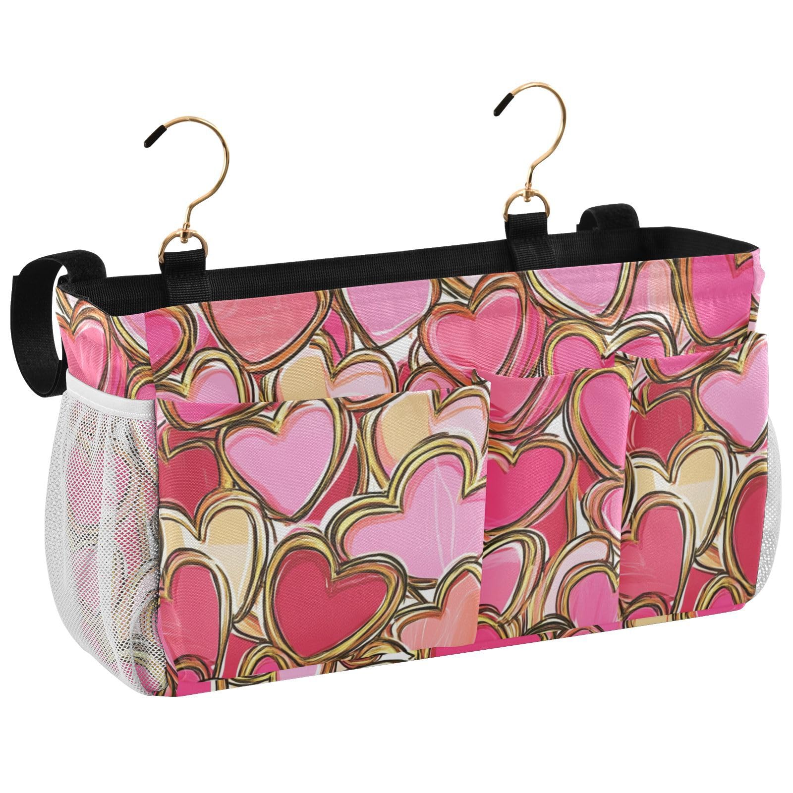 FRODOTGV Bedside Hanging Storage Basket Bag With Organizer Pockets for Remotes Phone,College Dorm,Camp,Baby Bed Rails Valentines Day Golden Pink Love