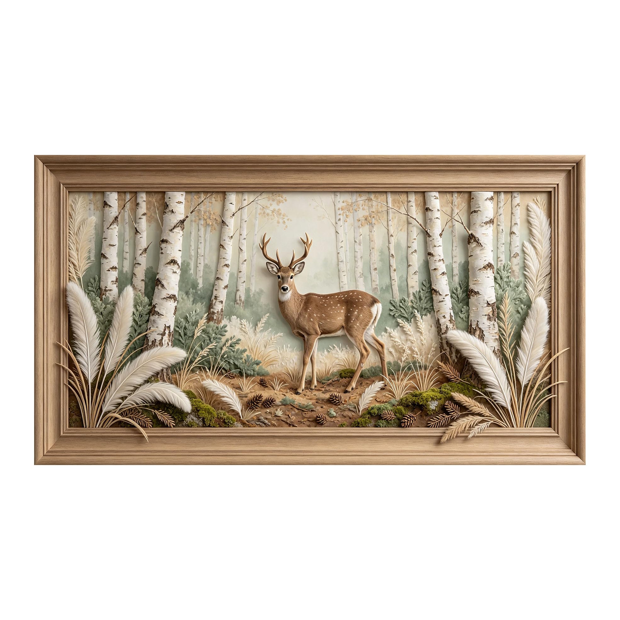 Yzpallescene 3D 3D Framed Wall Art 50cm×90cm Deer Birch Forest Landscape Oil Painting Large Size SelfAdhesive Removable Wall Decor Prints Artwork for Living Room Bedroom Office