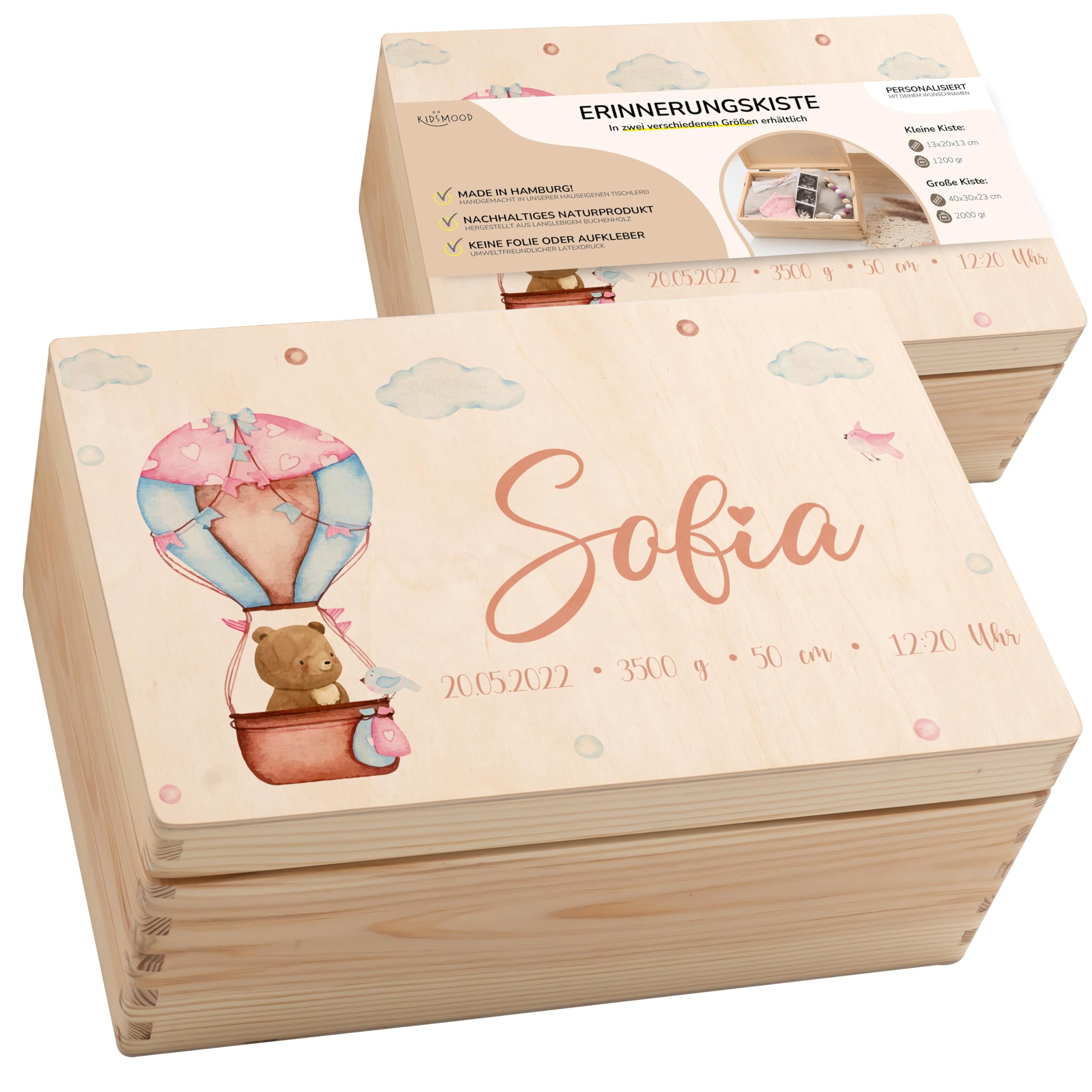KIDSMOOD - Erinnerungsbox Baby, personalisierte Holzkiste mit Deckel, Ideal zur Aufbewahrung von Erinnerungen und als Geschenk zur Geburt, Taufe oder als Geburtstagsgeschenk für Mädchen und Jungen