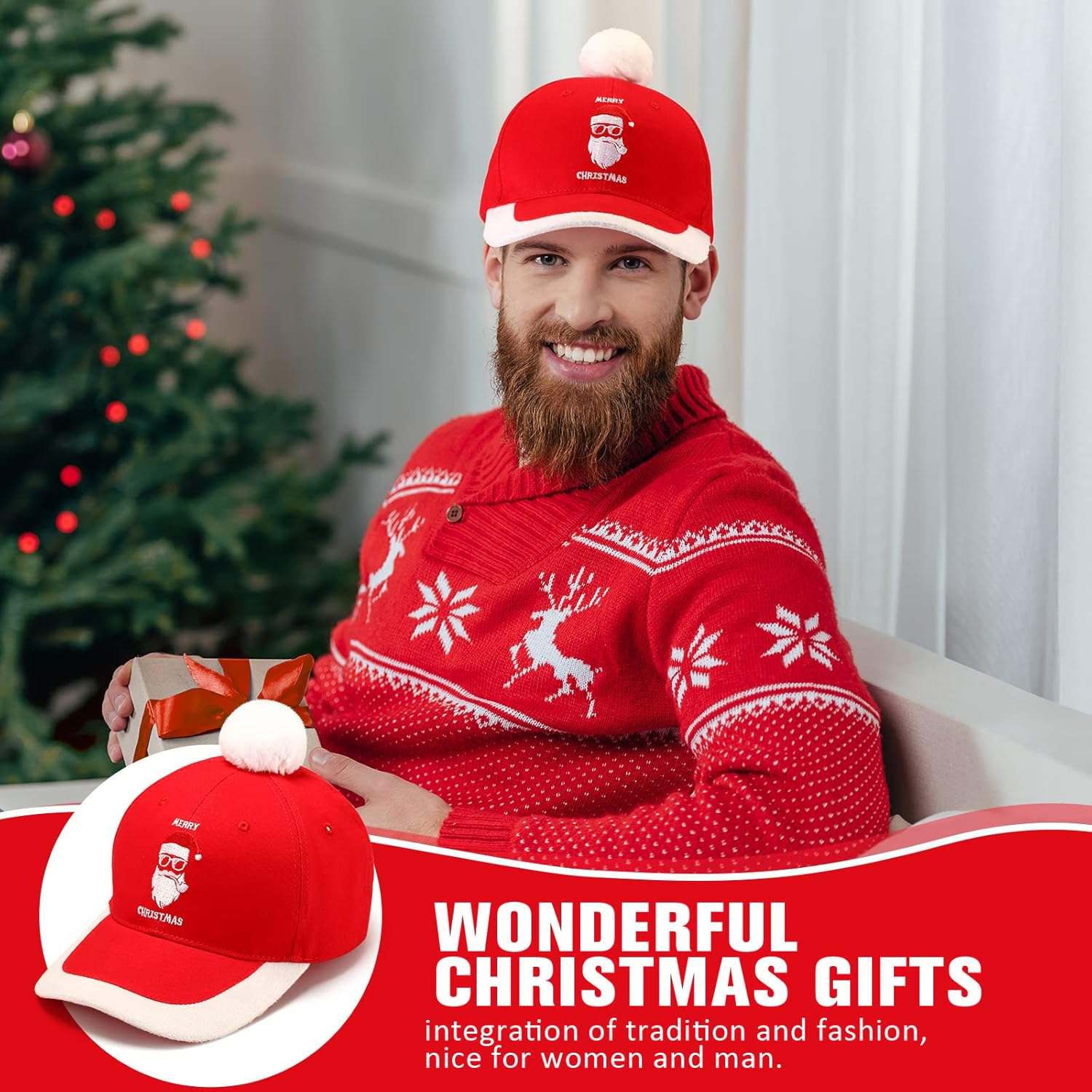 JaGely 4 Pieces Christmas Baseball Cap Santa Hat Adult Xmas Cap Adjustable Unisex Vintage Golf Baseball Hat, Red & White