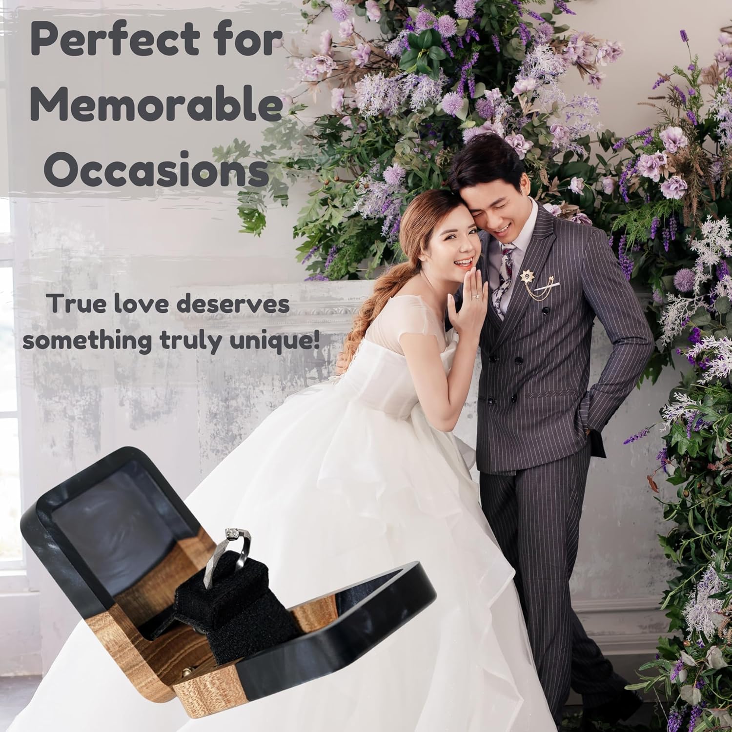 RWA Slim Engagement Ring Box for Proposal – Unique Wedding Ring Holder & Jewelry Display Case – Travel Jewelry Organizer, Ring Bearer Box, Proposal Gift, Wedding Ring Box for Ceremony, FLIP, black - Image 3