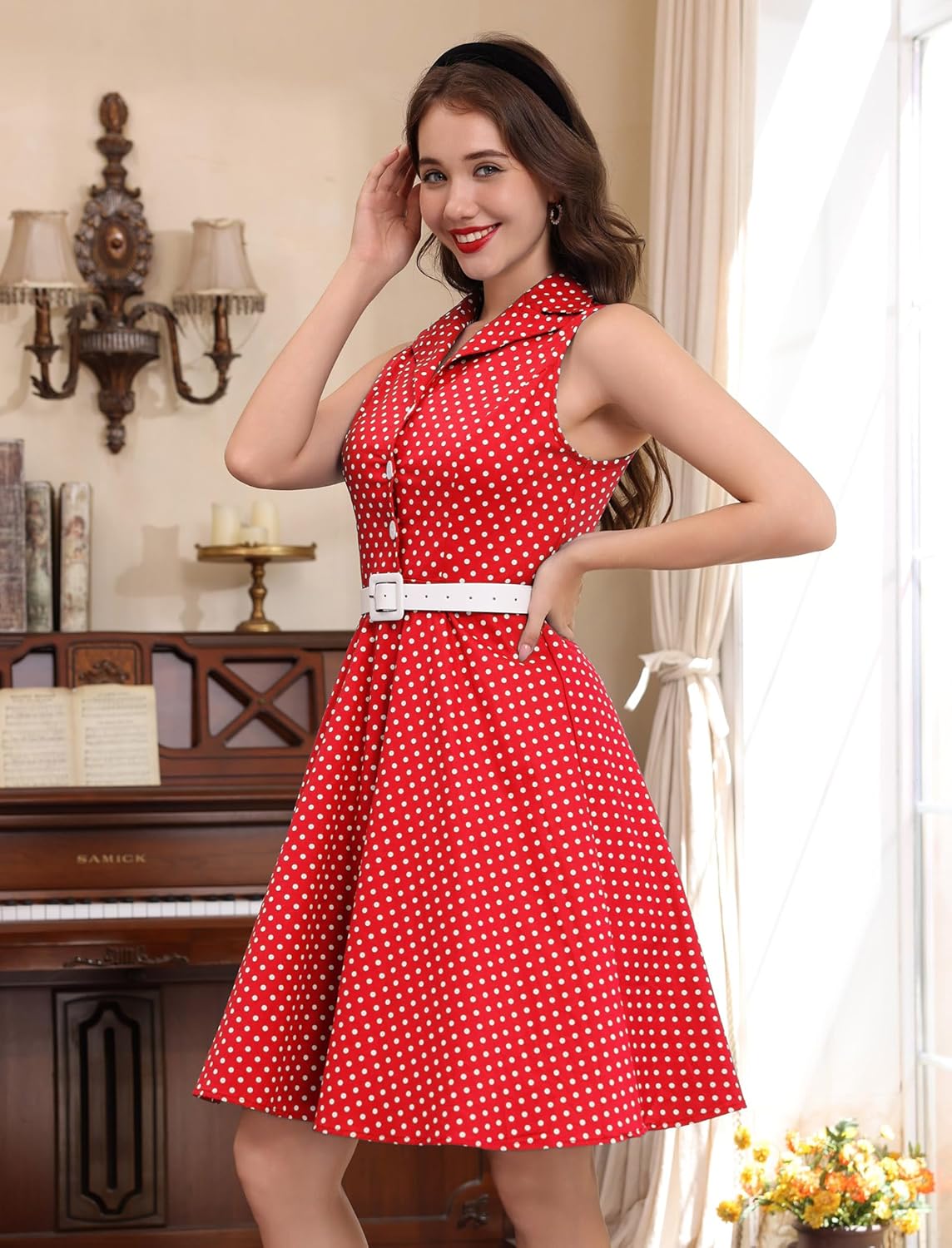 Women's 1950s Retro Polka Dot Vintage Dress Sleeveless Cocktail Prom Swing Midi Belt Dresses Notched Lapel - Image 3